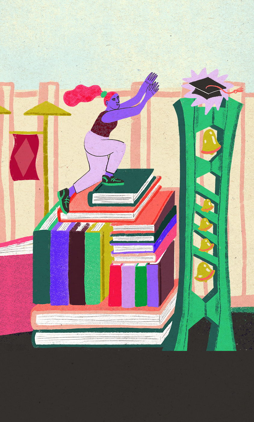 A brightly illustrated image of a student climbing a pile of books to reach a graduation cap, above the bell tower on Main Campus