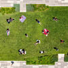 An overhead shot of students relaxing on a lawn on Main Campus