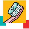 a graphic of colorful squares. the middle square is orange and features a toothbrush with toothpaste on it.