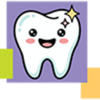 a graphic of colorful squares. the middle square is orange and features a tooth with a smiley face.