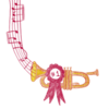 A drawing of a trumpet with music notes flowing from it