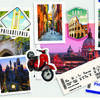A collage of pictures of Temple, Rome and Tokyo, with location-related themes like a pretzel and Vespa